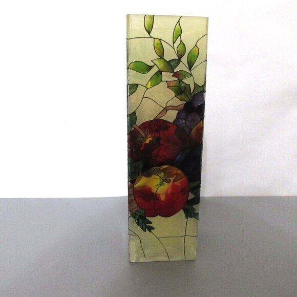 Joan Baker Hand Painted Stained Glass Vase Fruits Autumn Leaves Apx 10” x 3” x3" - Picture 8 of 10